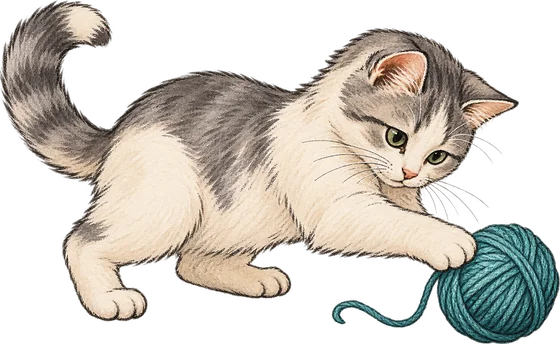 Нарисованный кот играет с клубком пряжи.