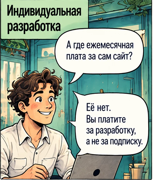 Владелец работает за ноутбуком и узнаёт, что ежемесячной платы за сам сайт нет.