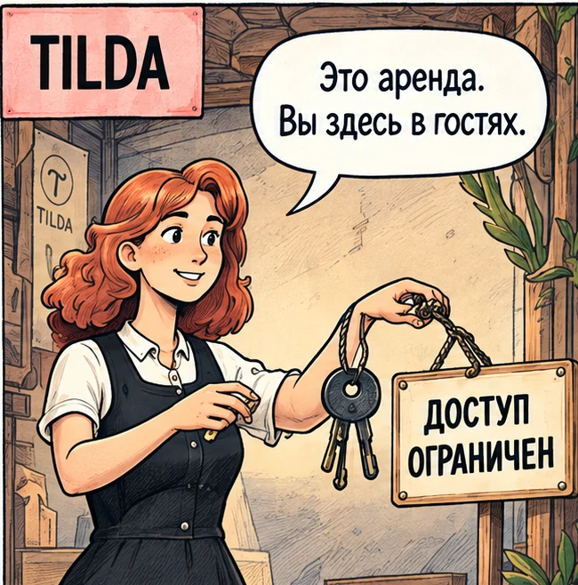 Представительница Tilda держит ключи и табличку об ограниченном доступе.
