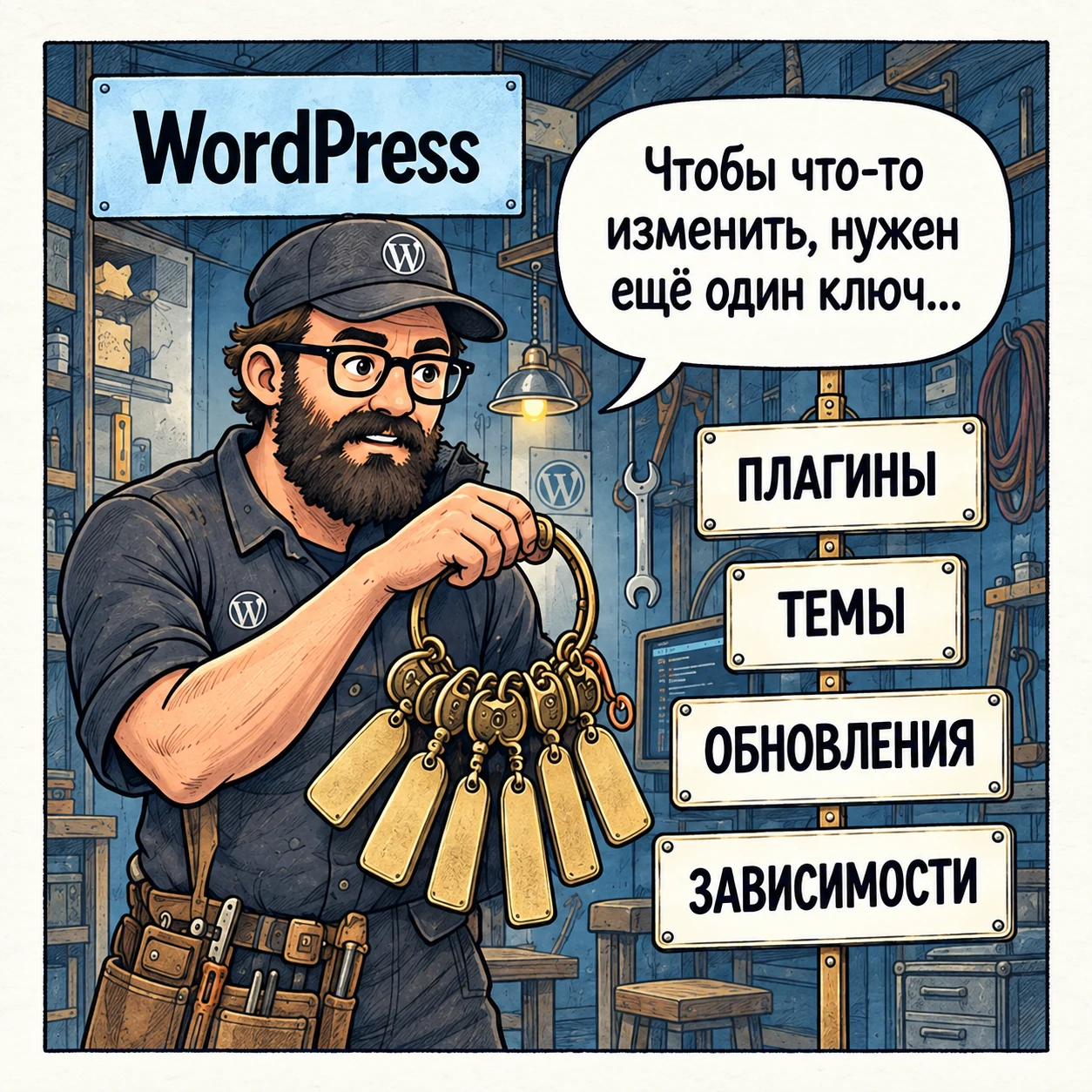 Механик WordPress показывает большую связку ключей от плагинов и обновлений.