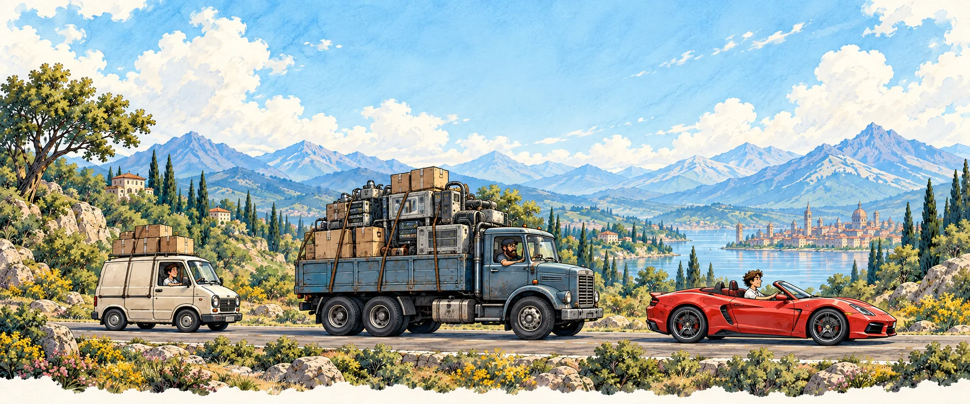 Фургон с коробками, тяжёлый грузовик и лёгкий красный кабриолет едут друг за другом по одной дороге в одном направлении.