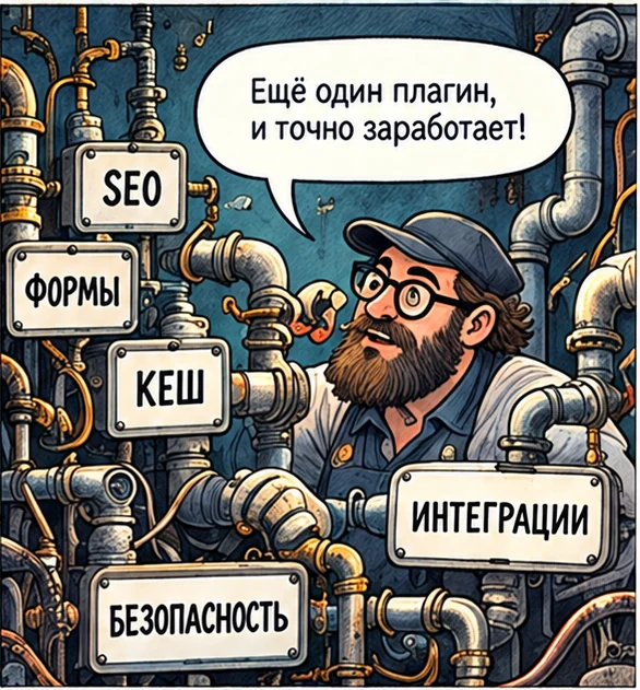 Механик окружён множеством труб и дополнительных модулей.